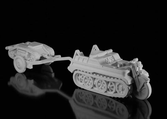 WW2 German Kettenkrad with Goliath on trailer. Unpainted Resin Model