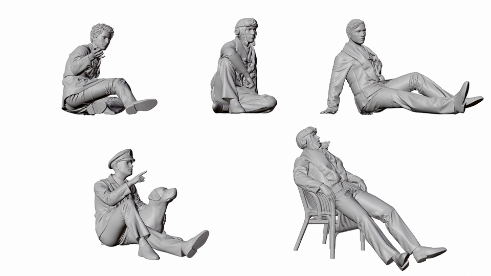 WW2 RAF FIGURES X 5 WAITING FOR NEXT SORTIE. UNPAINTED RESIN FIGURES