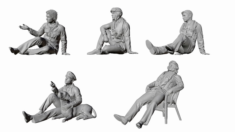 WW2 RAF FIGURES X 5 WAITING FOR NEXT SORTIE. UNPAINTED RESIN FIGURES