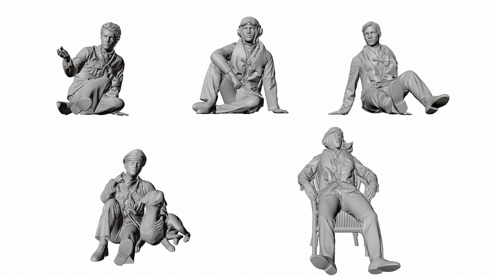 WW2 RAF FIGURES X 5 WAITING FOR NEXT SORTIE. UNPAINTED RESIN FIGURES