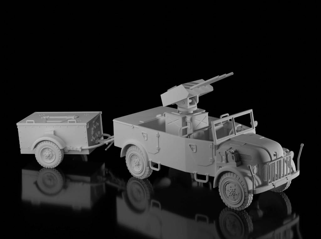 Steyr 1500A MG.151 Drilling & Trailer (Wargame3d). Painted Resin Model